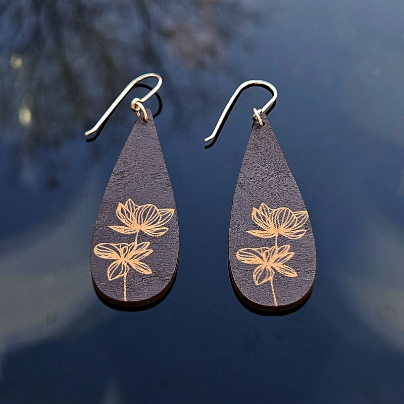 Wooden black long drops with floral pattern