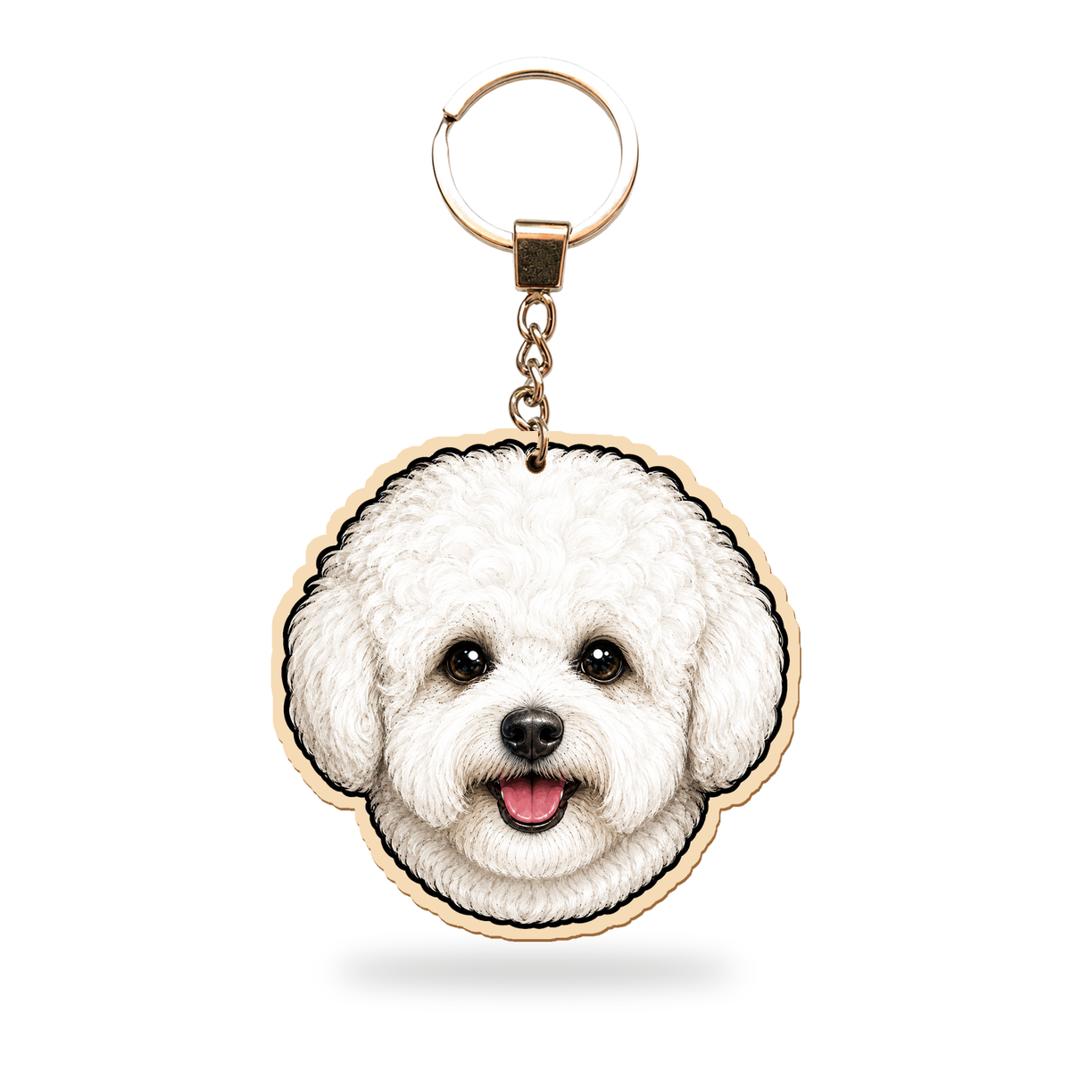 Bichon frisé – Avaimenperä – puinen avaimenperä ketjulla ja avainrenkaalla