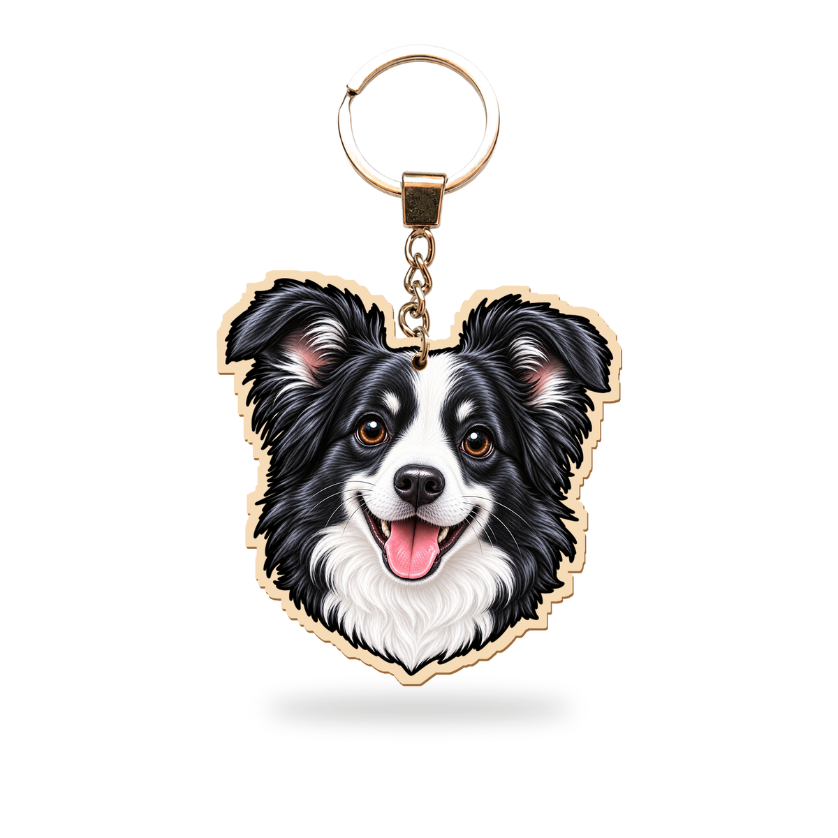 Bordercollie – Avaimenperä – puinen avaimenperä ketjulla ja avainrenkaalla