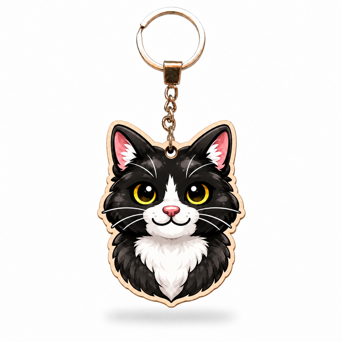 Tuxedo-kissa – musta – Avaimenperä – puinen avaimenperä ketjulla ja avainrenkaalla