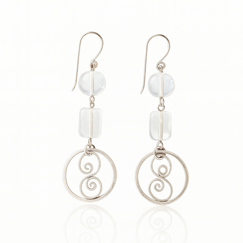 Silver dangle earrings with hoop and glass beads