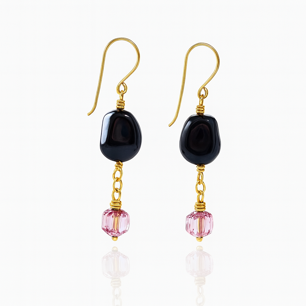 Black drop earrings with pink gold Czech pearl