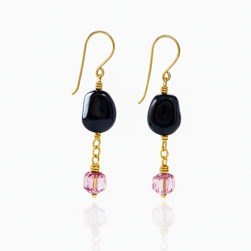 Black drop earrings with pink gold Czech pearl