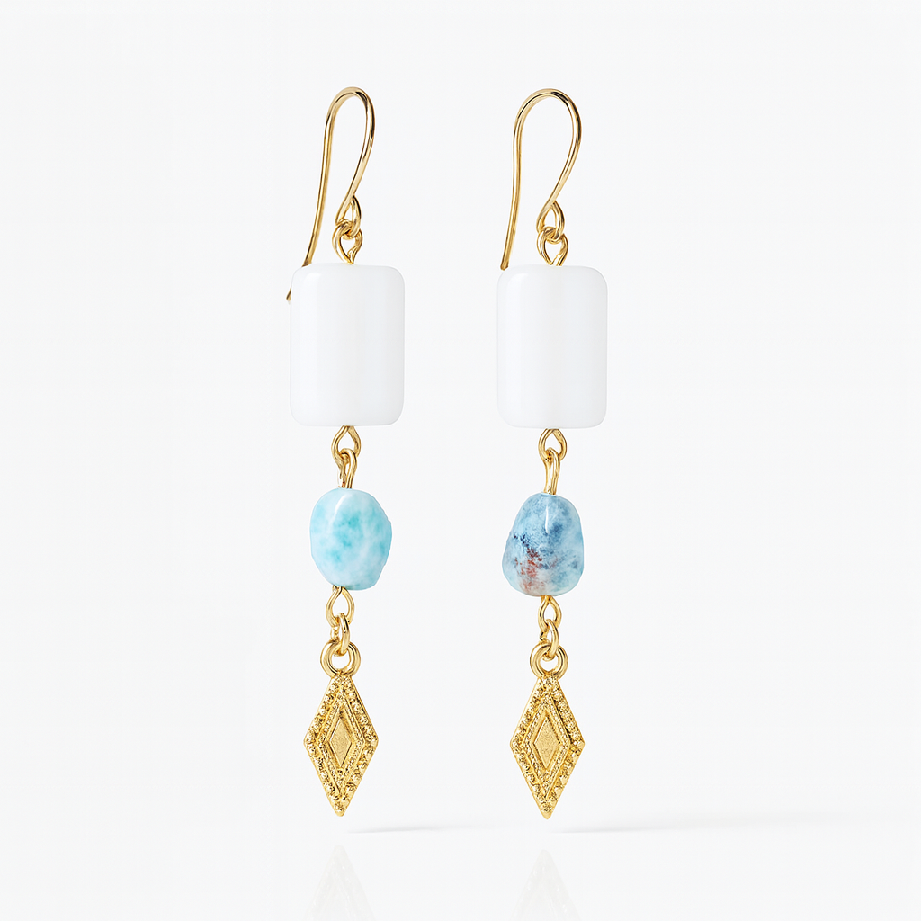 Earrings, white pearl, larimar stone and golden pendant