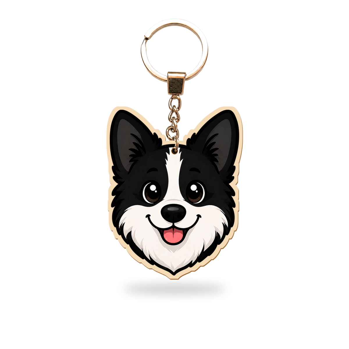Welsh corgi – musta – Avaimenperä – puinen avaimenperä ketjulla ja avainrenkaalla