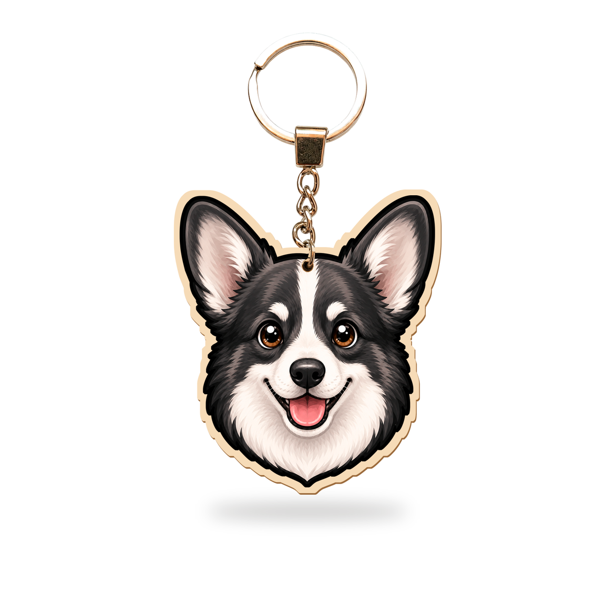 Welsh corgi – musta – Avaimenperä – puinen avaimenperä ketjulla ja avainrenkaalla