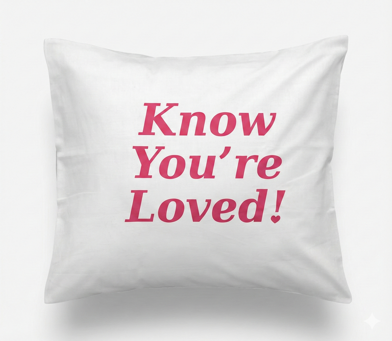 Know You're Loved! – Valkoinen satiinityynyliina 53×63 cm (taskulla)
