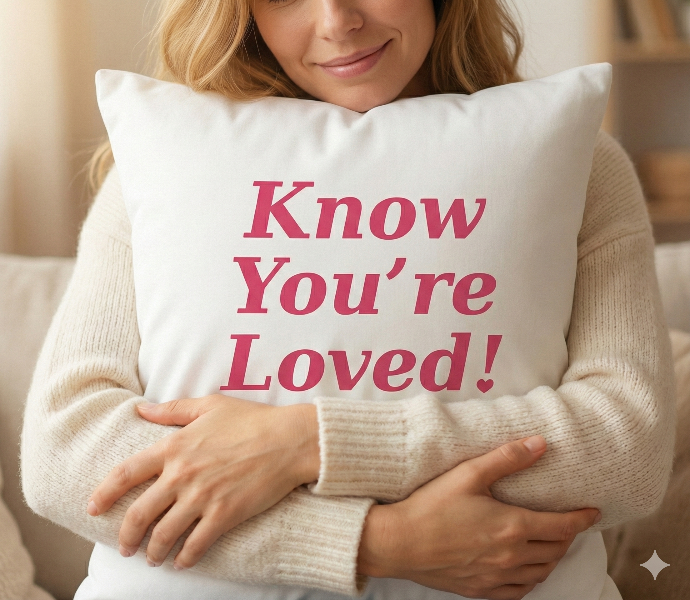 Know You're Loved! – Valkoinen satiinityynyliina 53×63 cm (taskulla)