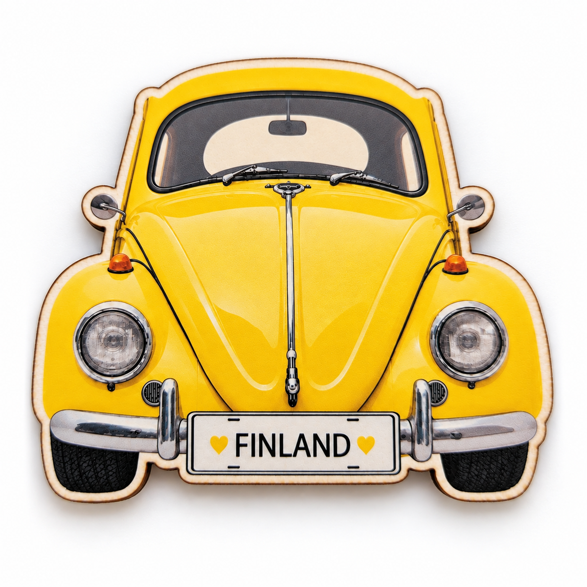 Volkswagen Kupla -magneetti, keltainen – koivuvanerinen jääkaappimagneetti, rekisterikilvessä ♥ Finland ♥