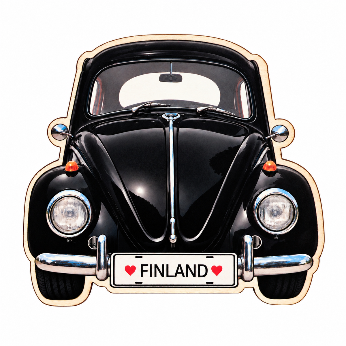 Volkswagen Kupla -magneetti, musta – koivuvanerinen jääkaappimagneetti, rekisterikilvessä ♥ Finland ♥