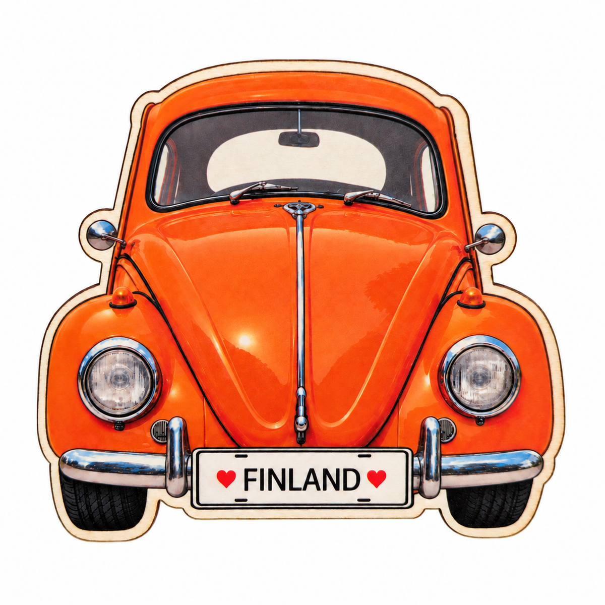 Volkswagen Kupla -magneetti, oranssi – koivuvanerinen jääkaappimagneetti, rekisterikilvessä ♥ Finland ♥