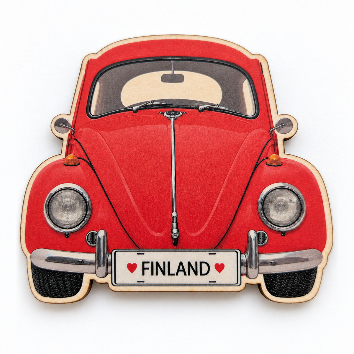 Volkswagen Kupla -magneetti, punainen – koivuvanerinen jääkaappimagneetti, rekisterikilvessä ♥ Finland ♥