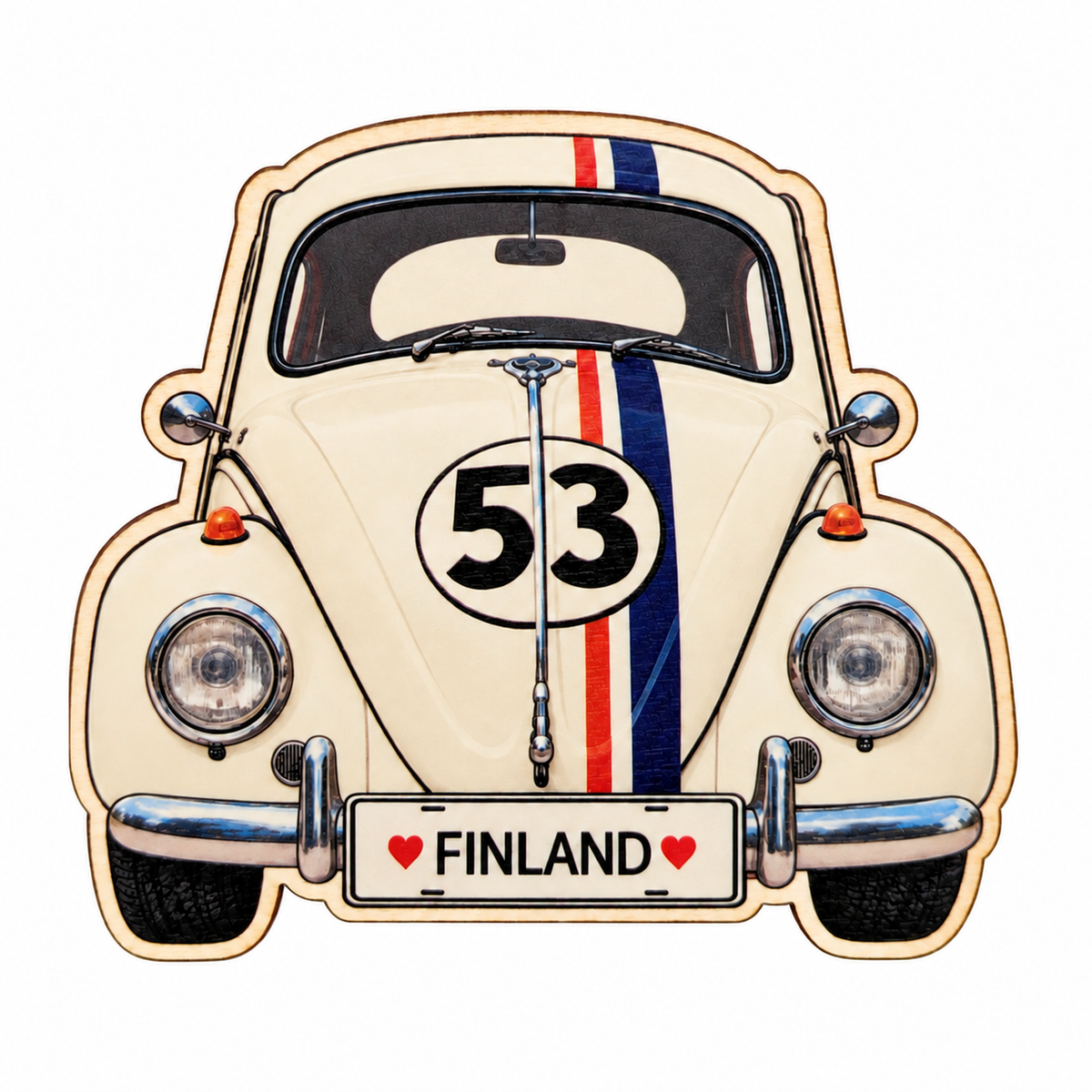 Volkswagen Kupla -magneetti, Riemukupla 53 – koivuvanerinen jääkaappimagneetti, rekisterikilvessä ♥ Finland ♥