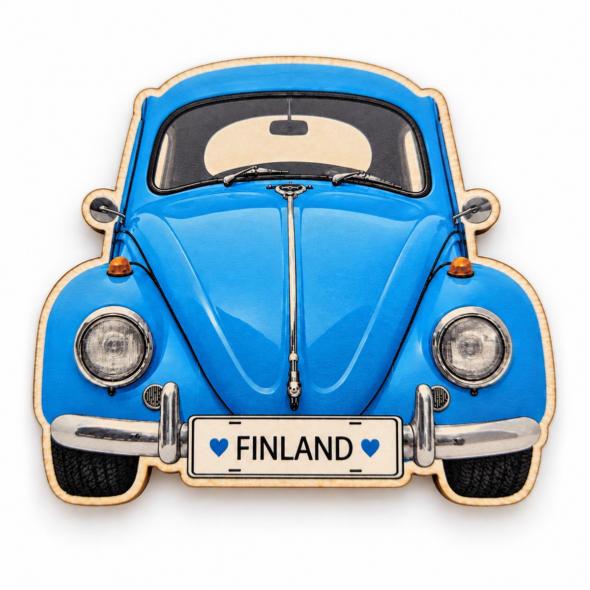 Volkswagen Kupla -magneetti, sininen – koivuvanerinen jääkaappimagneetti, rekisterikilvessä ♥ Finland ♥