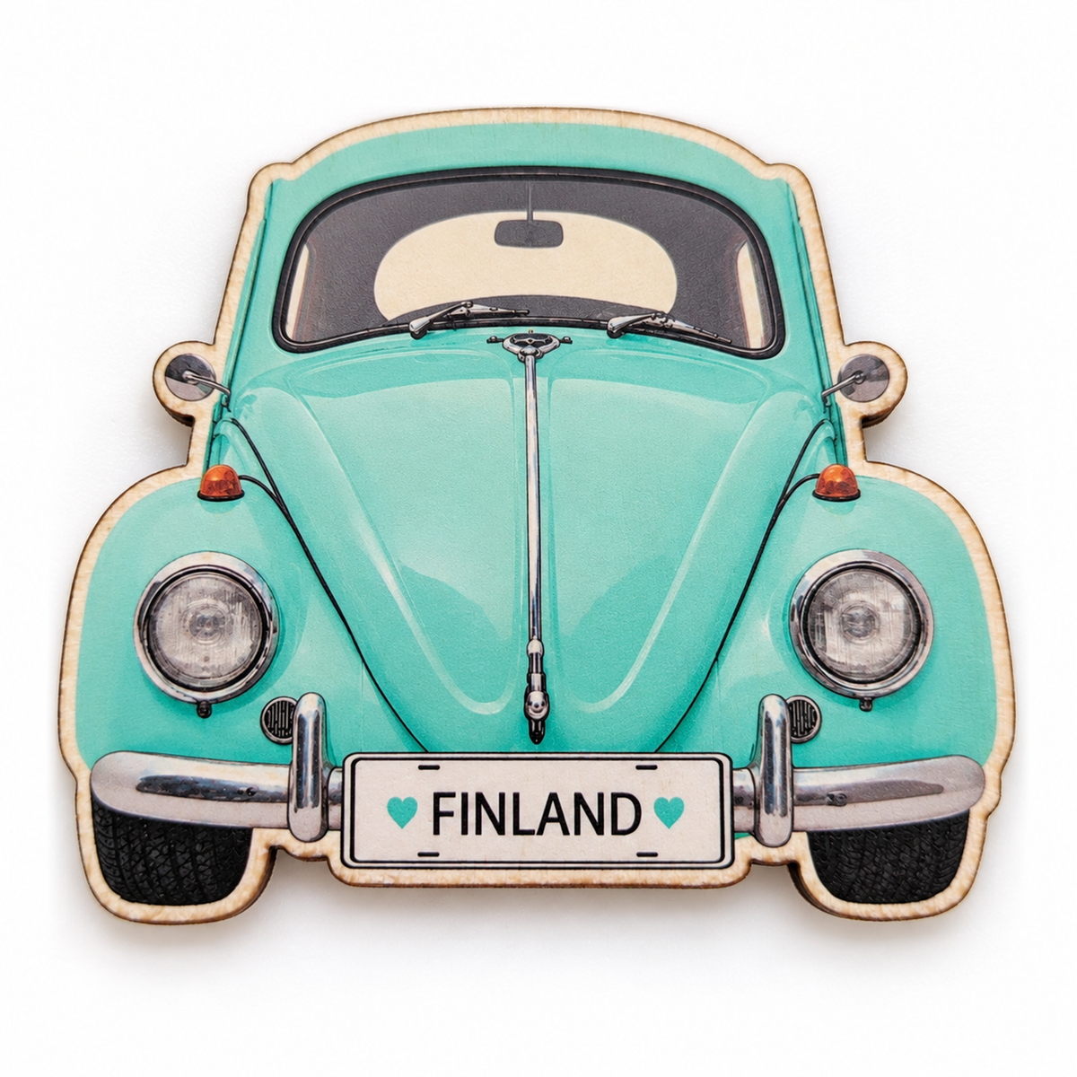 Volkswagen Kupla -magneetti, turkoosi – koivuvanerinen jääkaappimagneetti, rekisterikilvessä ♥ Finland ♥