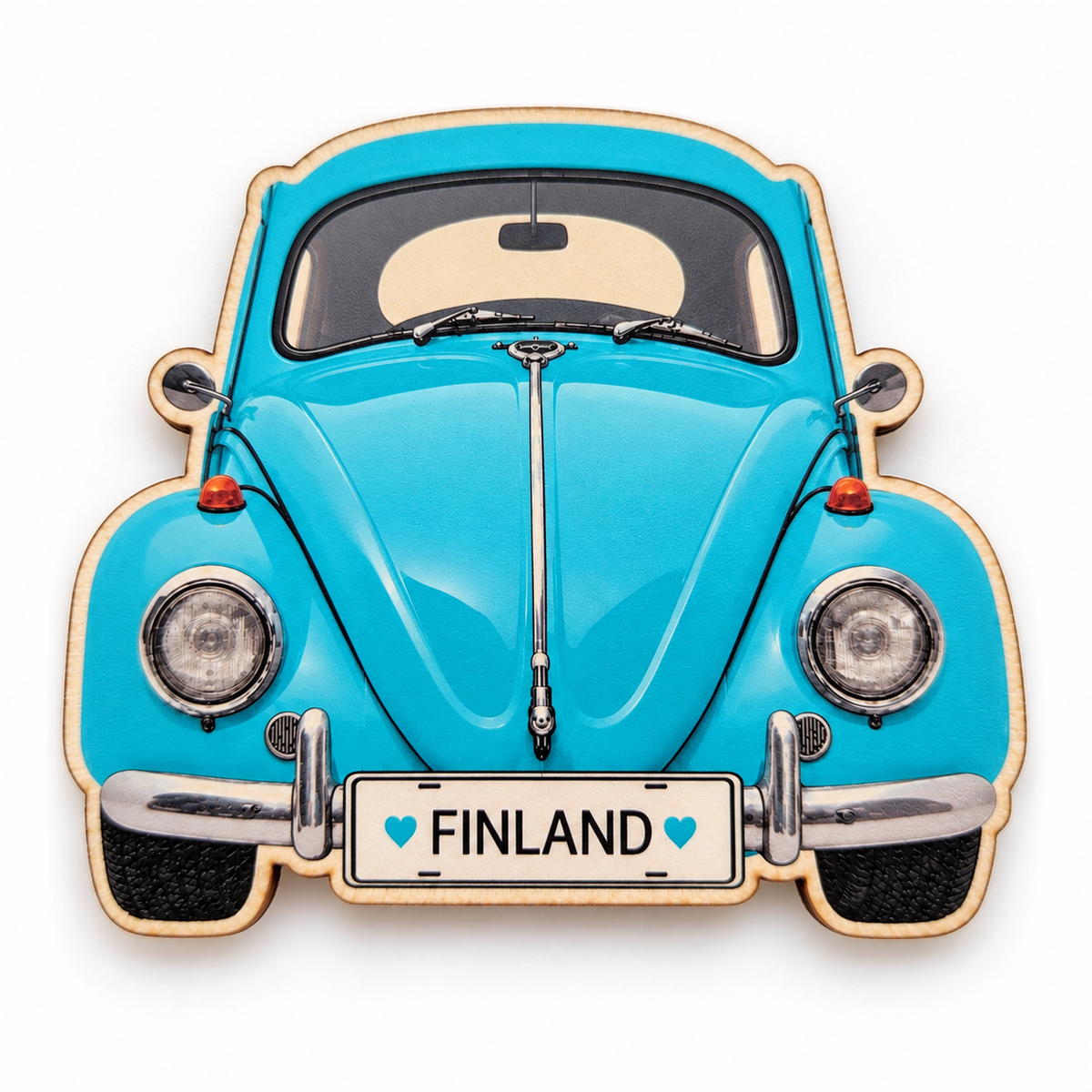 Volkswagen Kupla -magneetti, vaaleansininen – koivuvanerinen jääkaappimagneetti, rekisterikilvessä ♥ Finland ♥