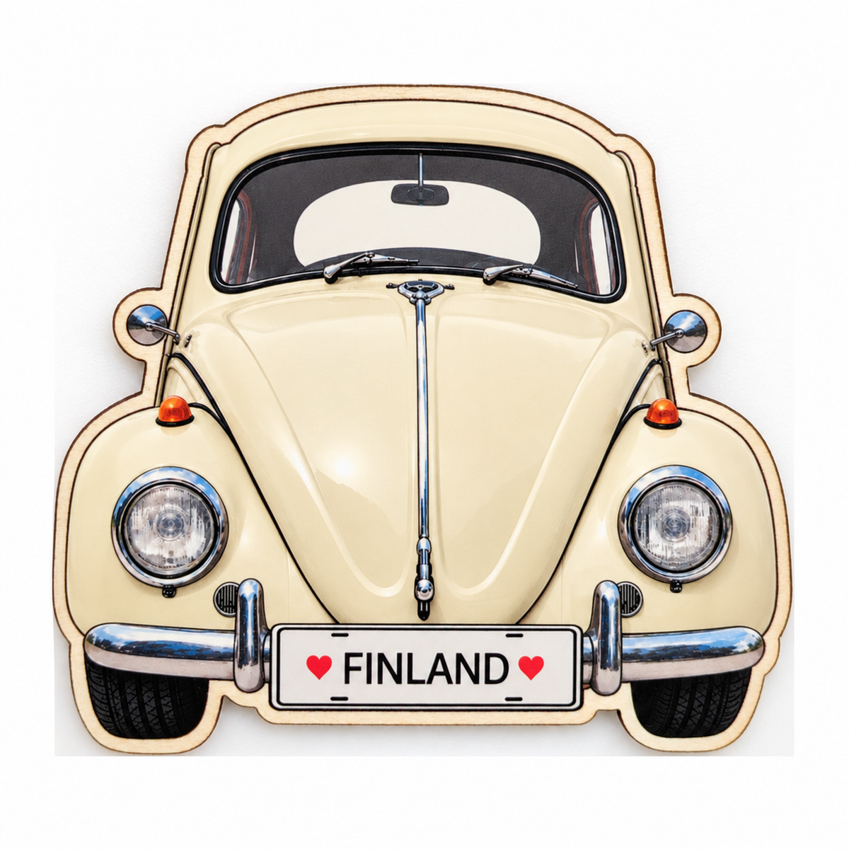 Volkswagen Kupla -magneetti, valkoinen – koivuvanerinen jääkaappimagneetti, rekisterikilvessä ♥ Finland ♥