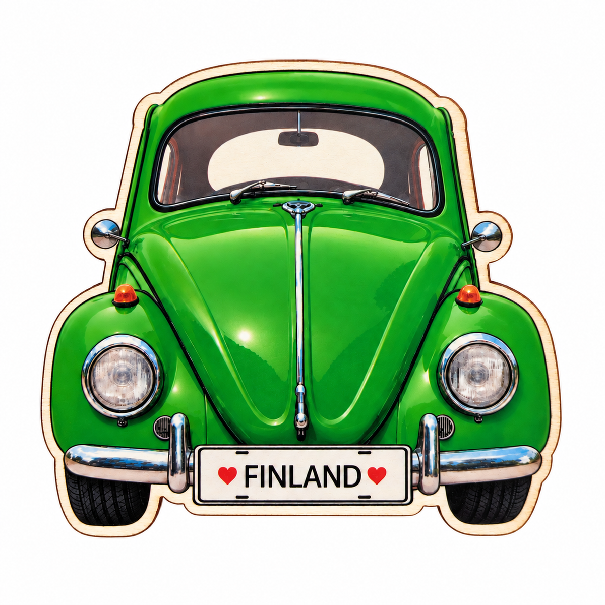 Volkswagen Kupla -magneetti, vihreä – koivuvanerinen jääkaappimagneetti, rekisterikilvessä ♥ Finland ♥