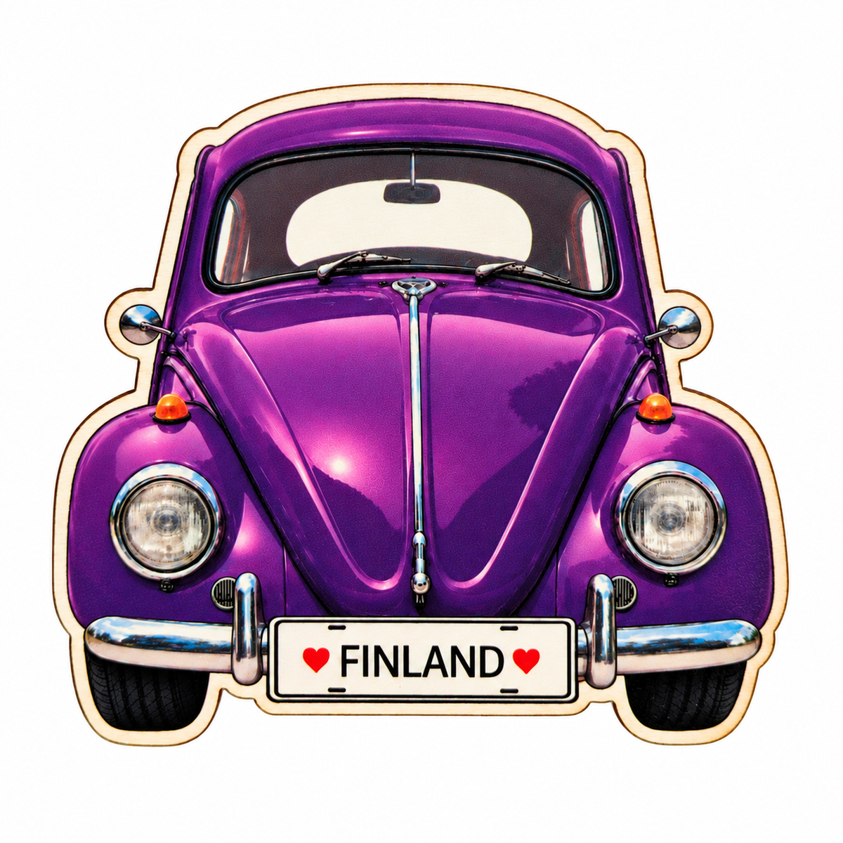 Volkswagen Kupla -magneetti, violetti – koivuvanerinen jääkaappimagneetti, rekisterikilvessä ♥ Finland ♥