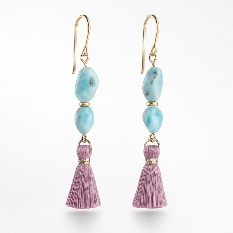 Larimar-korvakorut tupsulla