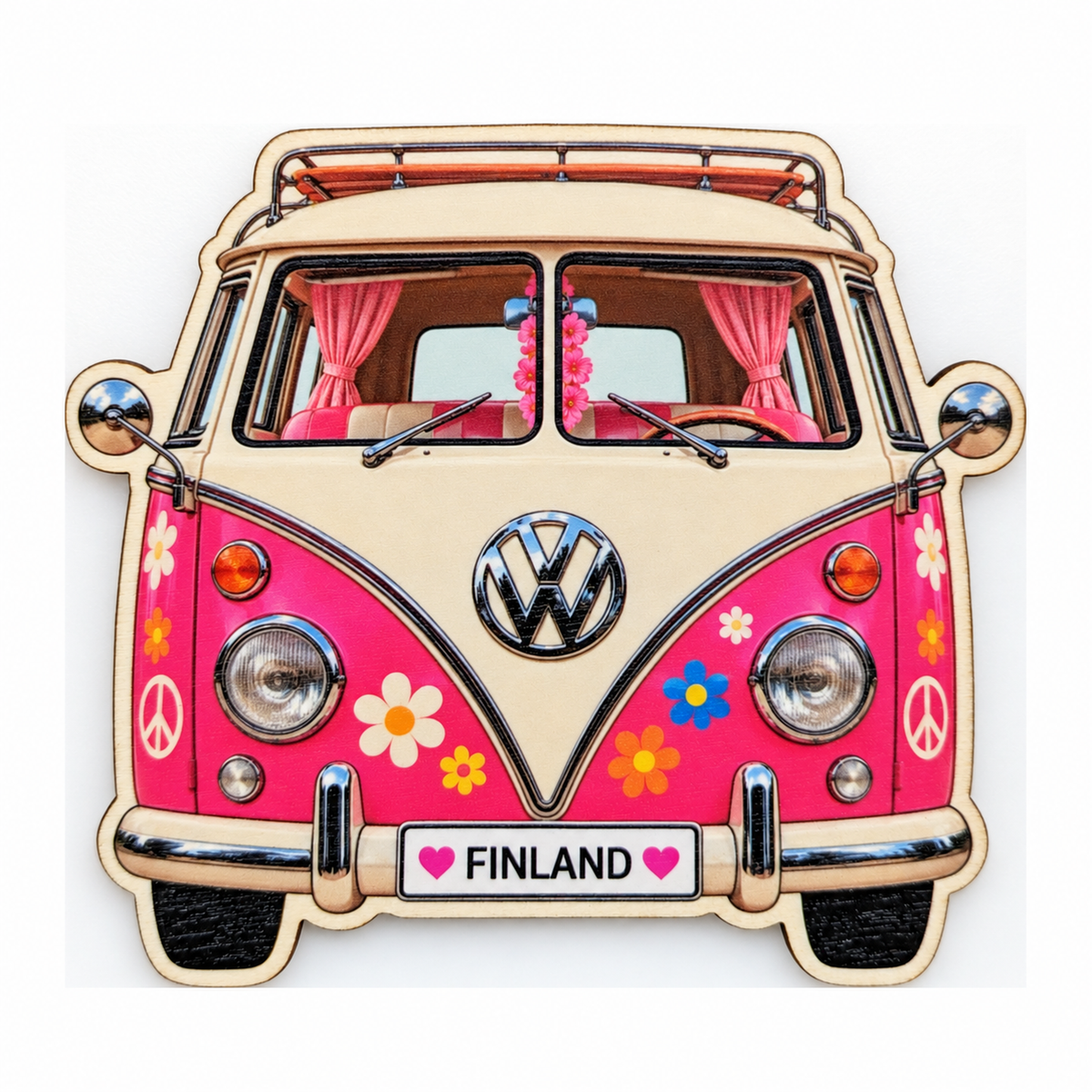 Volkswagen hippibussi -magneetti, pinkki – koivuvanerinen jääkaappimagneetti, rekisterikilvessä ♥ Finland ♥