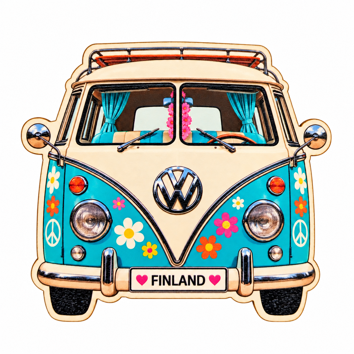 Volkswagen hippibussi -magneetti, turkoosi – koivuvanerinen jääkaappimagneetti, rekisterikilvessä ♥ Finland ♥