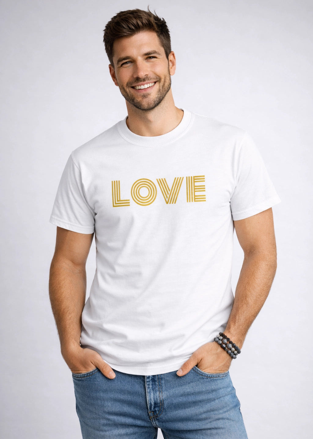 LOVE t-paita miehelle, kultainen vinyylipainatus