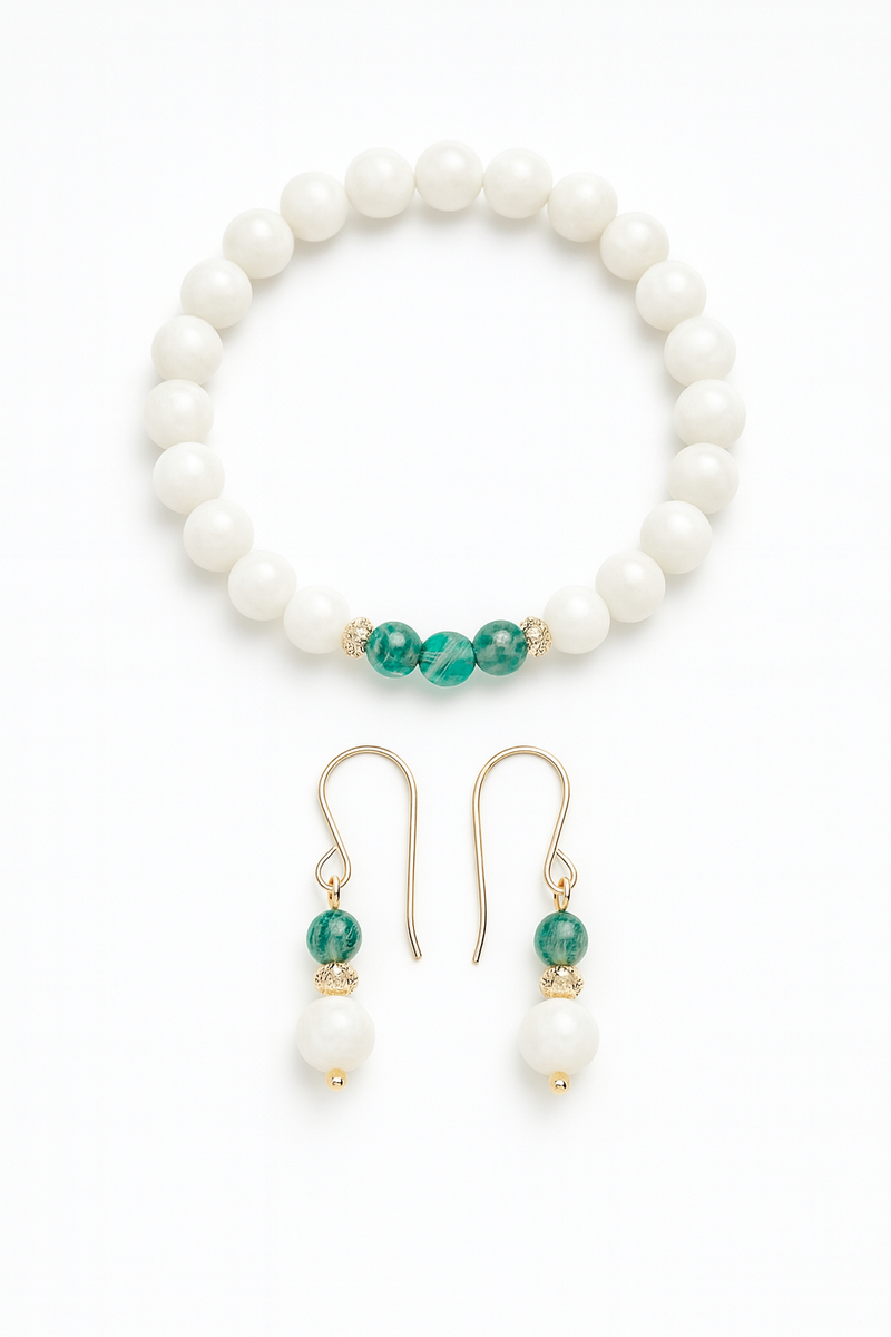 Moonlight Garden, kuukivi & vihreä jaspis -korusetti