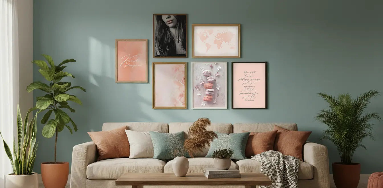 Olohuneen seinällä Valentines-kokoelman julisteet